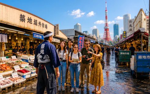 Tourists exploring Tsukiji Fish Market with Tokyo Tower in the background.