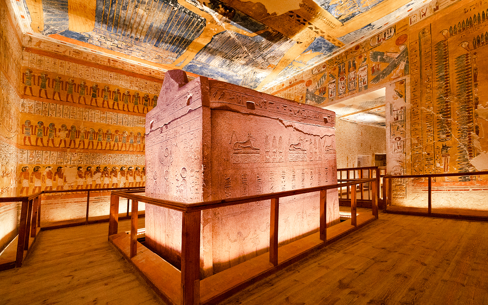 Luxor Temple Valley of the Kings interior with hieroglyphs and sarcophagus.