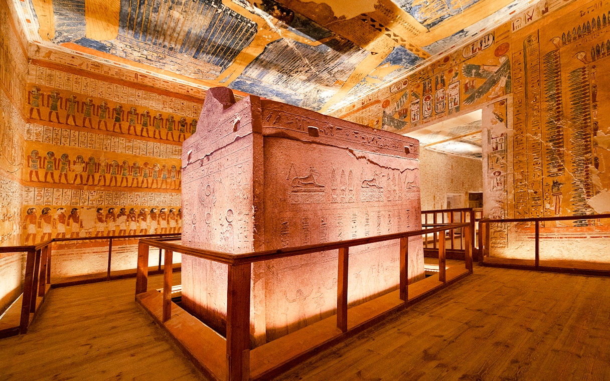Luxor Temple Valley of the Kings interior with hieroglyphs and sarcophagus.