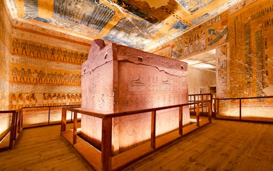 Luxor Temple Valley of the Kings interior with hieroglyphs and sarcophagus.