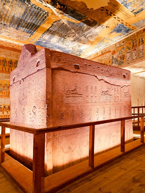 Luxor Temple Valley of the Kings interior with hieroglyphs and sarcophagus.