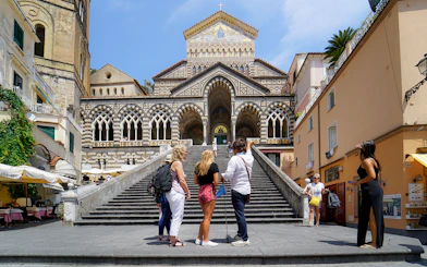 Tour group at Amalfi Cathedral during guided tour from Sorrento.
