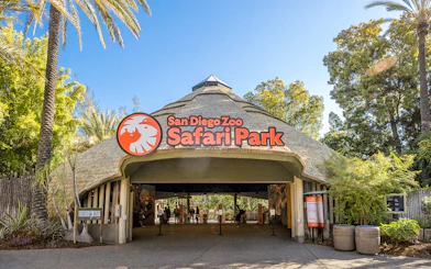 Entrance to San Diego Zoo Safari Park with visitors entering.