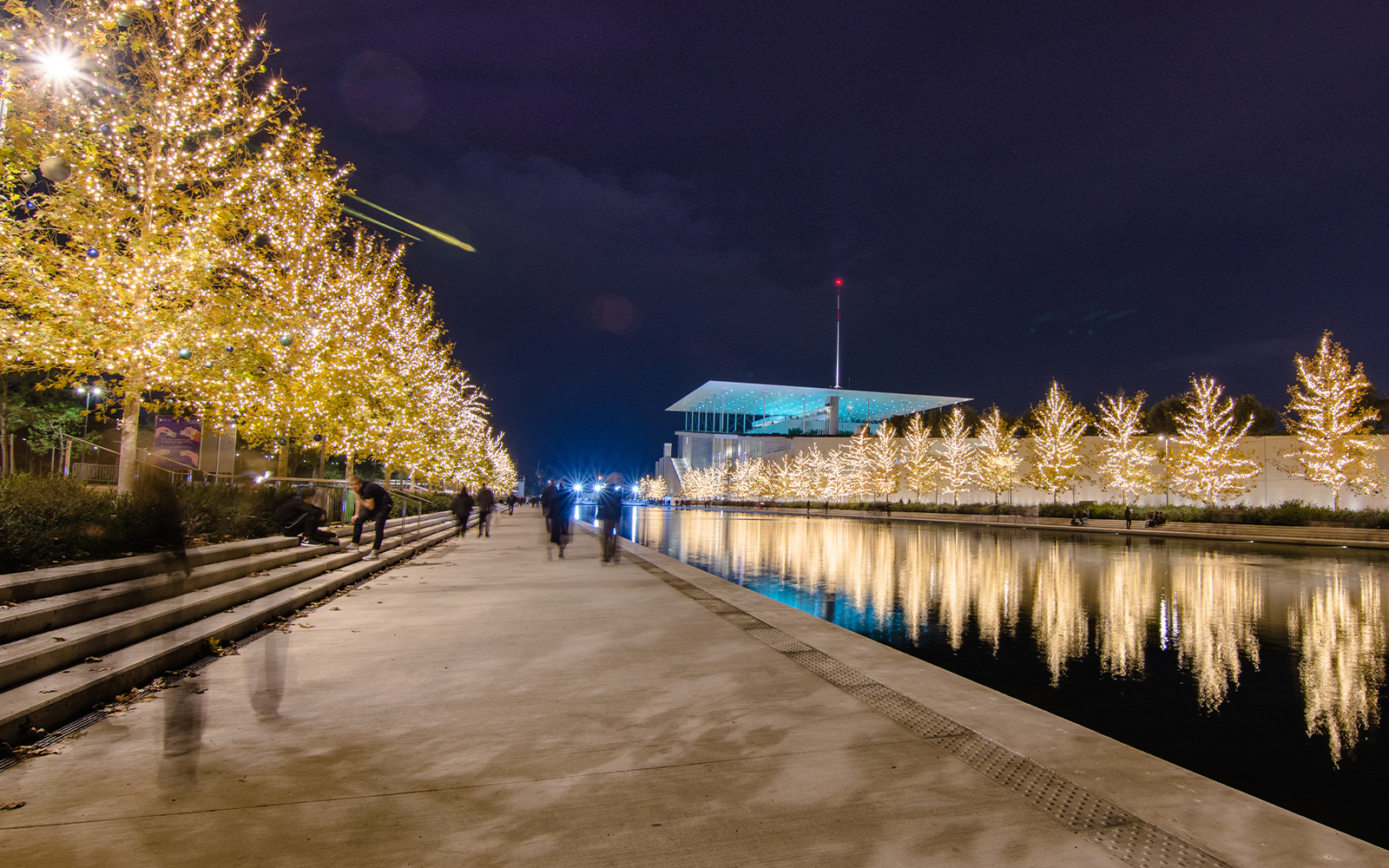Stavros Niarchos Park illuminated with festive Christmas lights in Athens, Greece.
