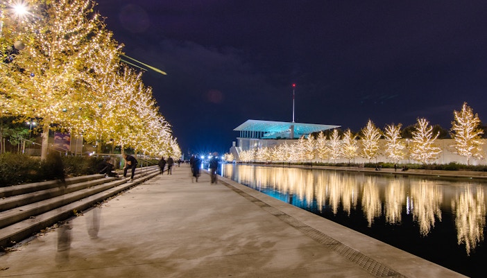 Stavros Niarchos Park illuminated with festive Christmas lights in Athens, Greece.