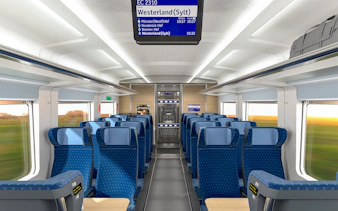 Interior of an Intercity train on the Eurail route in Germany, showing blue seats and overhead luggage space.
