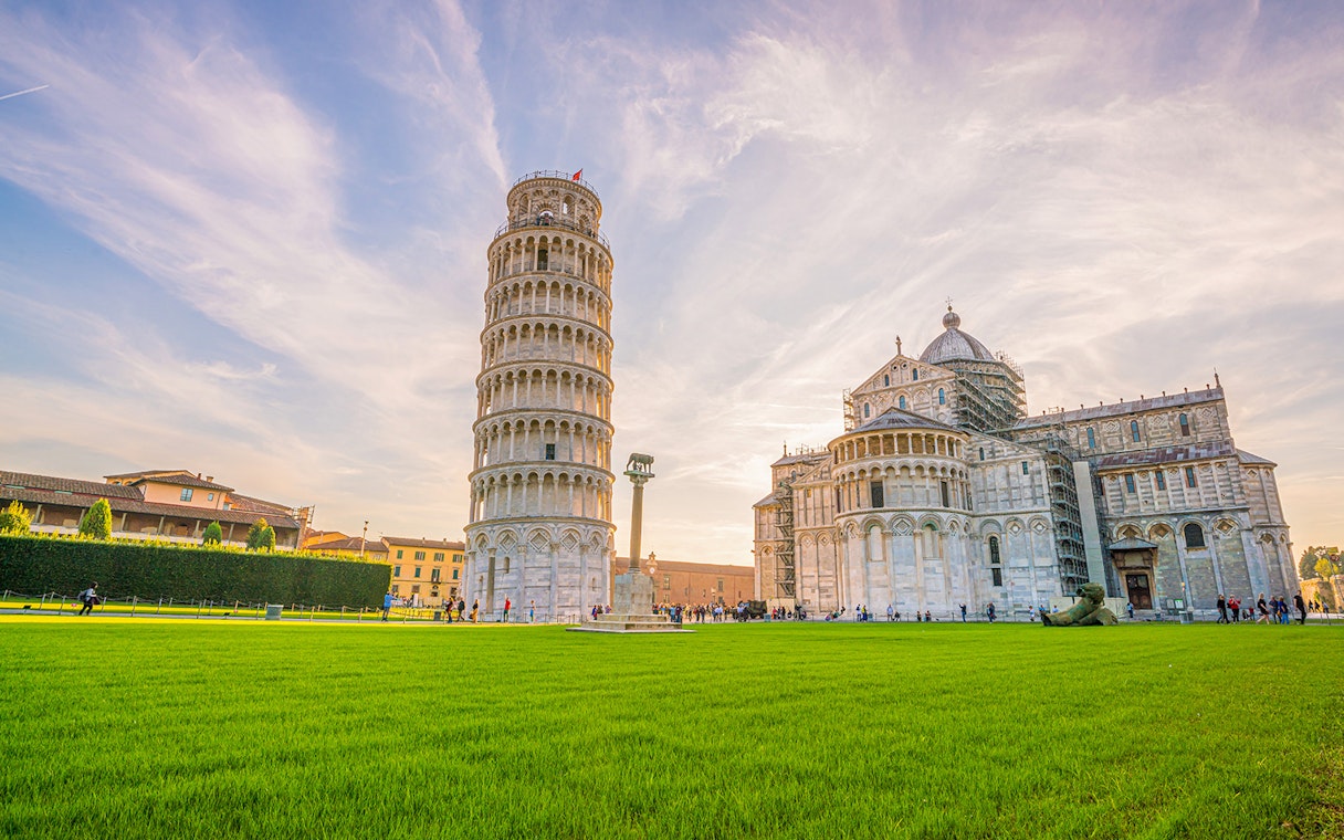 Leaning Tower of Pisa and Cathedral in Pisa, Italy, viewed during a guided tour from Florence.