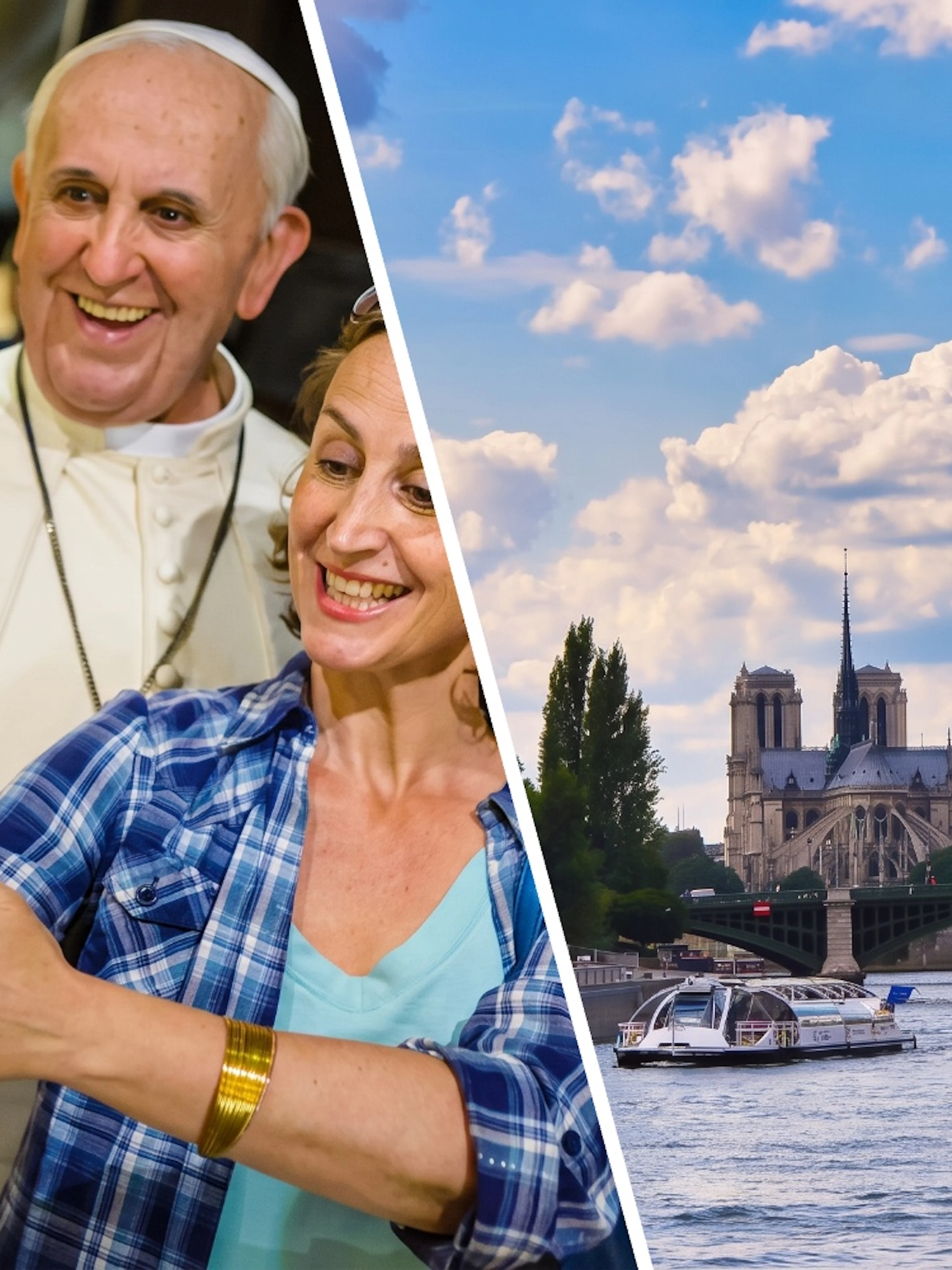 Grévin Wax Museum selfie with wax figure and Seine River cruise near Notre-Dame Cathedral.
