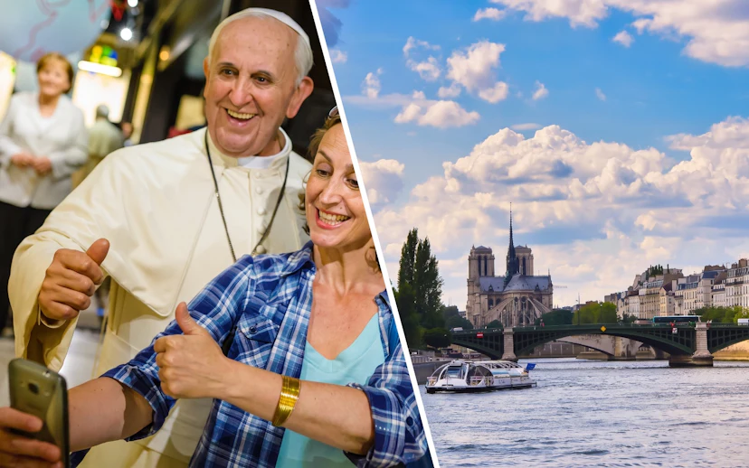 Grévin Wax Museum selfie with wax figure and Seine River cruise near Notre-Dame Cathedral.
