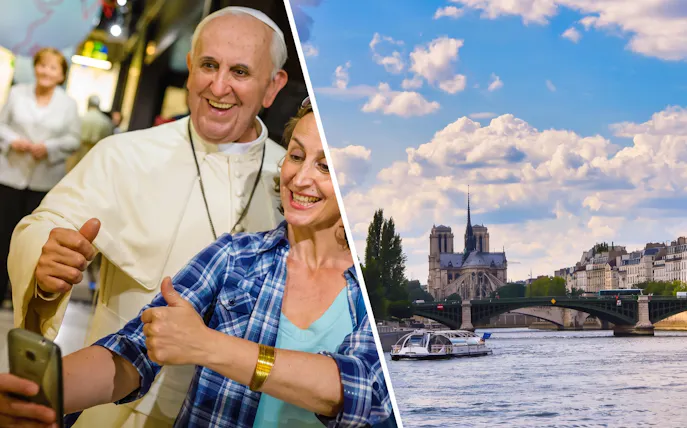Grévin Wax Museum selfie with wax figure and Seine River cruise near Notre-Dame Cathedral.