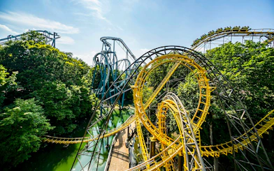 Roller coaster loops and tracks at Busch Gardens Williamsburg.