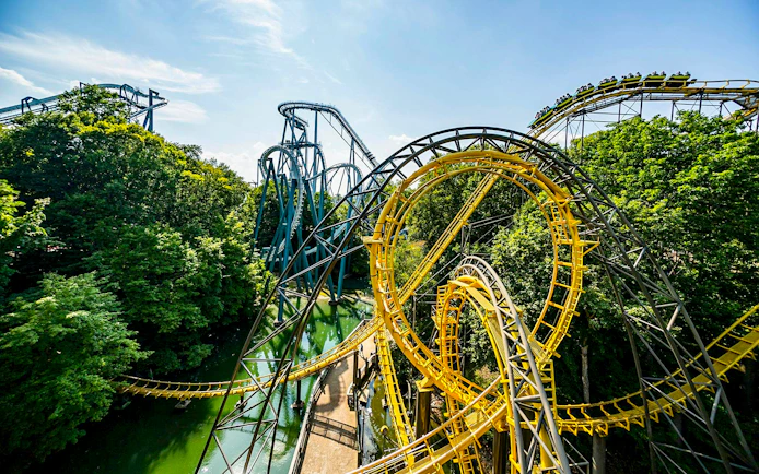 Roller coaster loops and tracks at Busch Gardens Williamsburg.