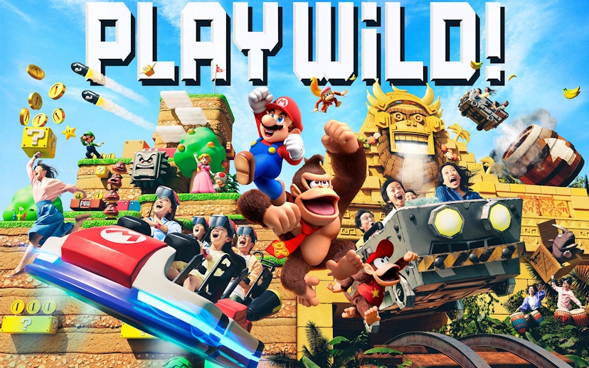 Mario Kart ride at Universal Studios Japan with characters and excited visitors.