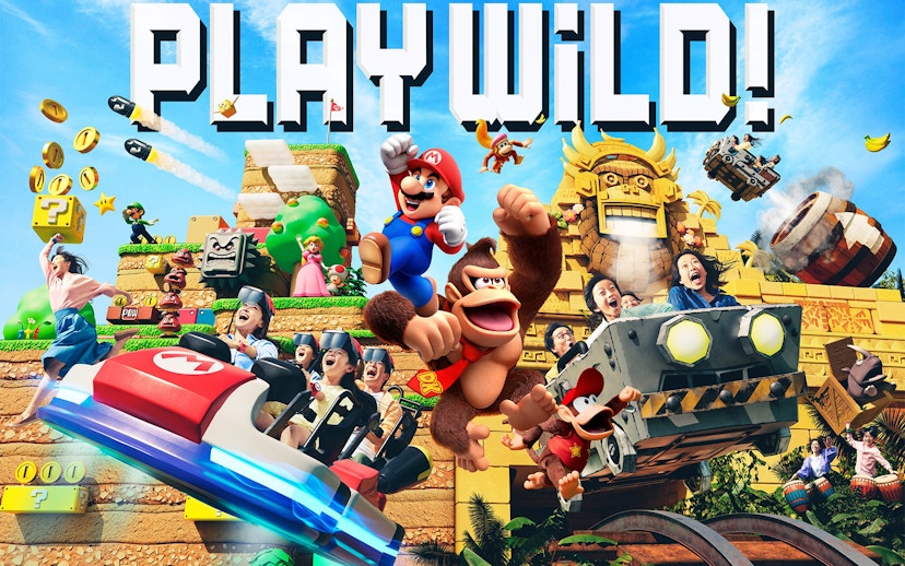 Mario Kart ride at Universal Studios Japan with characters and excited visitors.