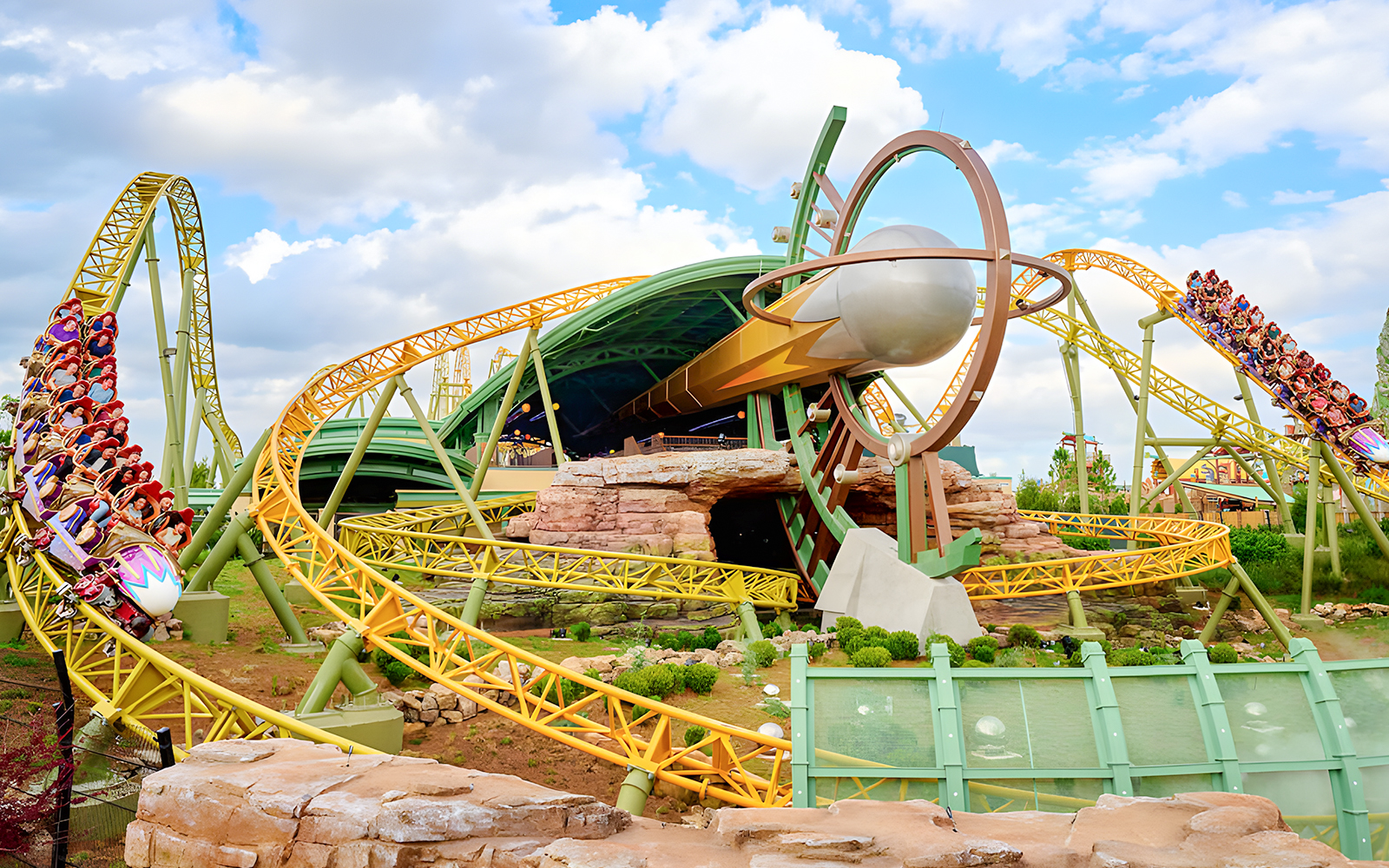 Rollercoaster at Epic Universe park, Universal Orlando, with loops and riders.