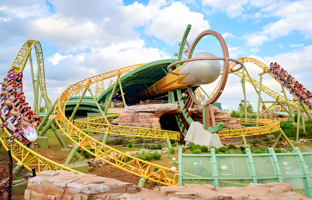 Rollercoaster at Epic Universe park, Universal Orlando, with loops and riders.