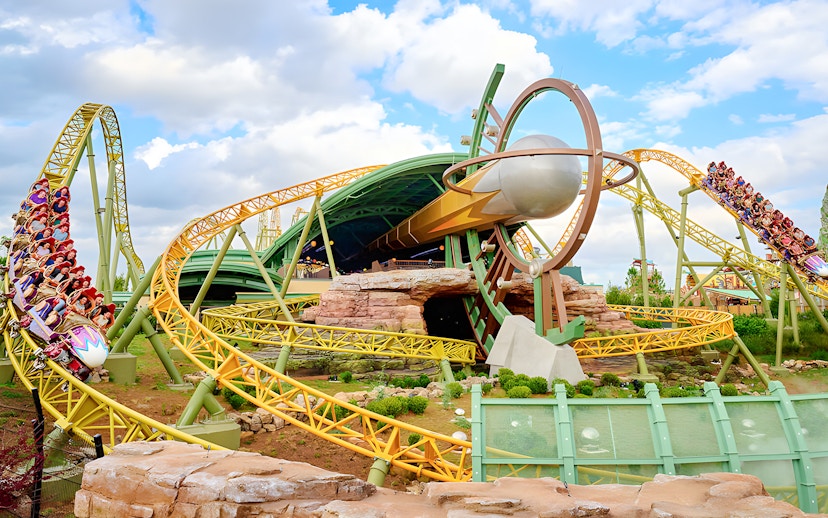 Rollercoaster at Epic Universe park, Universal Orlando, with loops and riders.