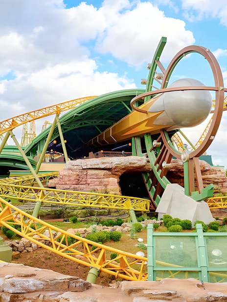 Rollercoaster at Epic Universe park, Universal Orlando, with loops and riders.
