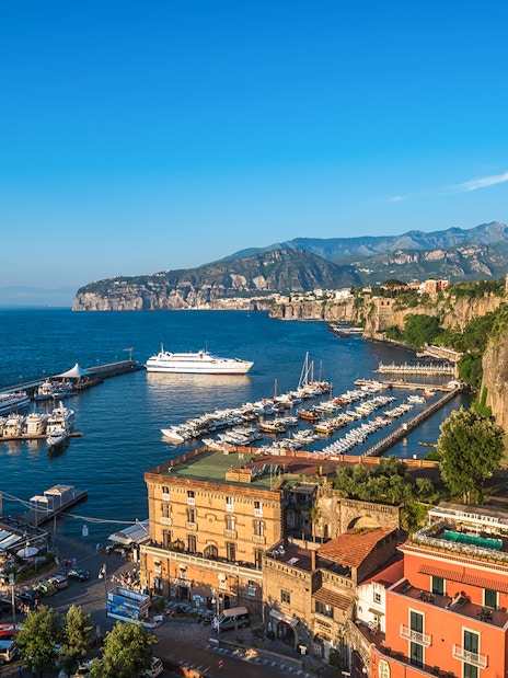 Panoramic view of Sorrento harbor and coastline, Amalfi Coast, Italy.