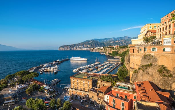 Panoramic view of Sorrento harbor and coastline, Amalfi Coast, Italy.
