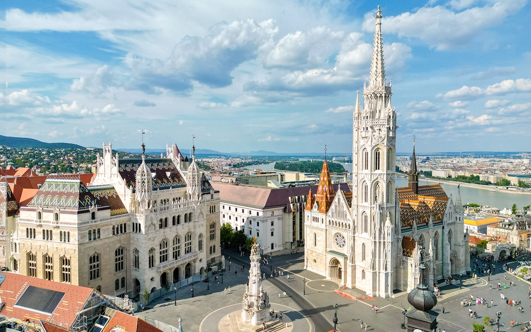 Panoramic view of Our Lady of Buda Castle Church and Fisherman's Bastion, Budapest, Hungary.