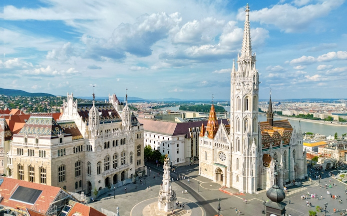 Panoramic view of Our Lady of Buda Castle Church and Fisherman's Bastion, Budapest, Hungary.