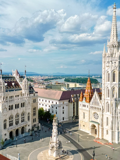 Panoramic view of Our Lady of Buda Castle Church and Fisherman's Bastion, Budapest, Hungary.