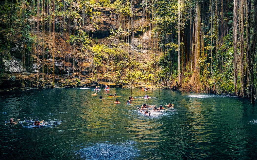 People swimming in a cenote surrounded by lush vegetation in Chichen Itza, Mexico.