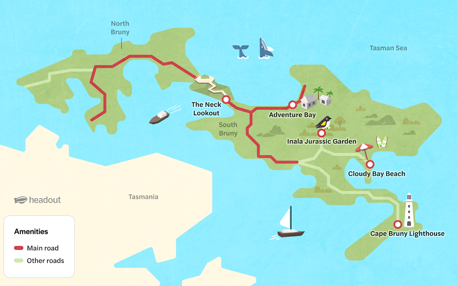Bruny Island ferry route map showing key stops and travel path in Tasmania, Australia.