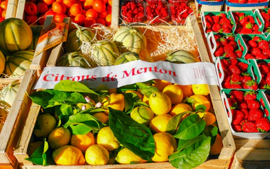 Menton lemons and fresh produce at a market in the Italian Riviera.