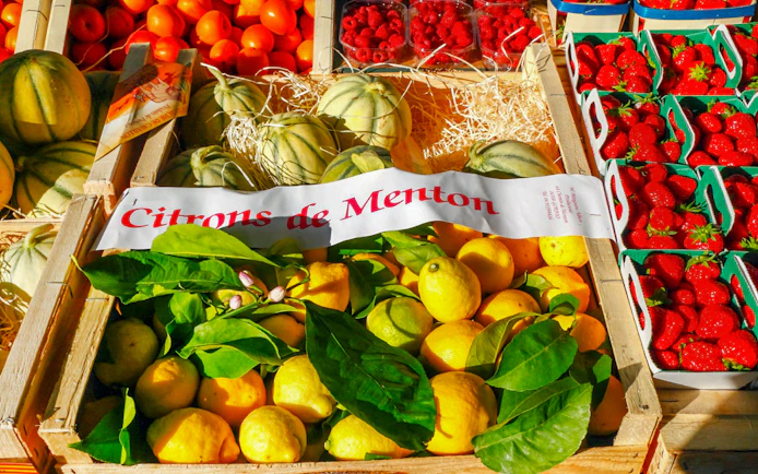 Menton lemons and fresh produce at a market in the Italian Riviera.