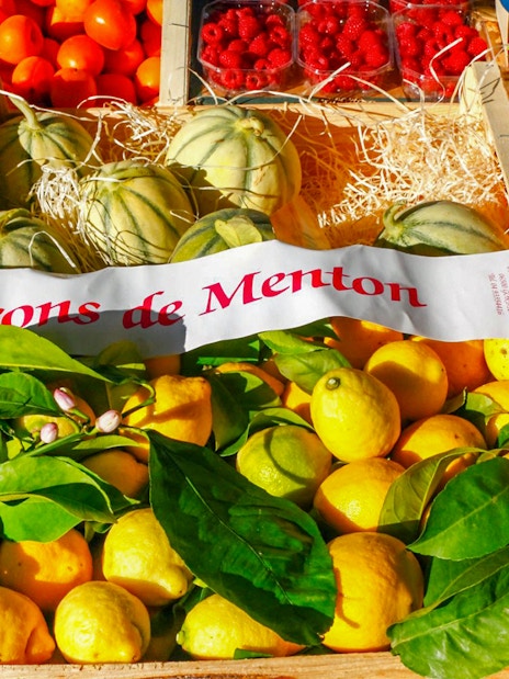 Menton lemons and fresh produce at a market in the Italian Riviera.