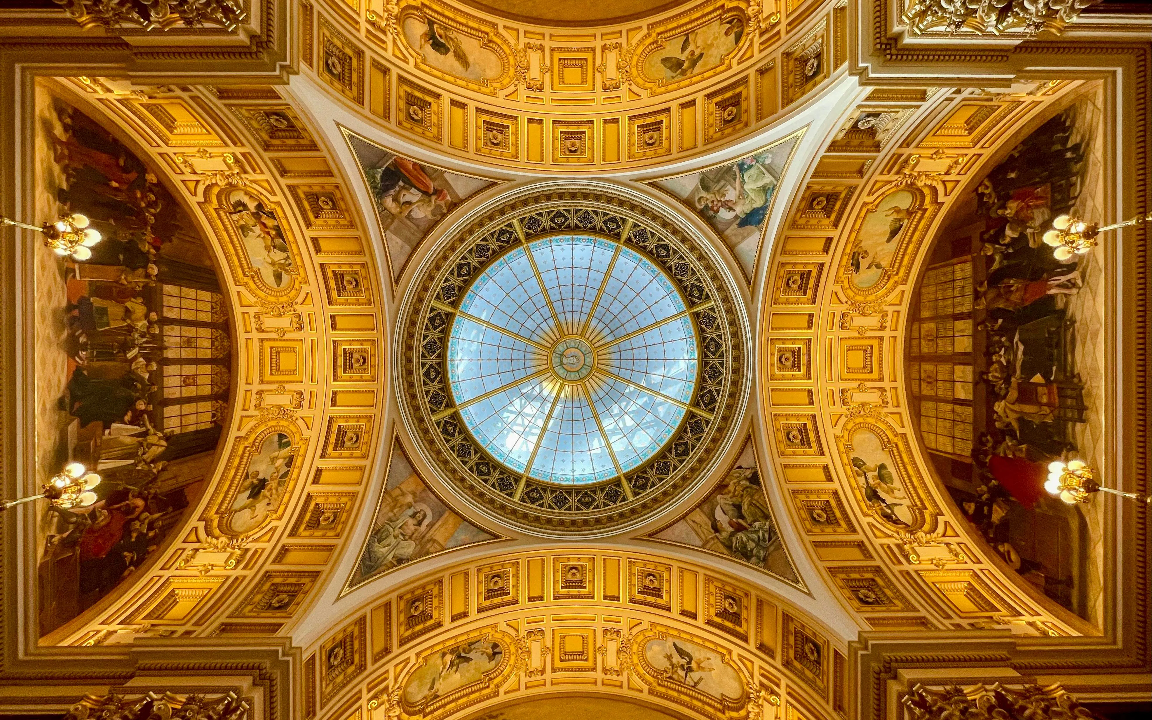 Prague National Museum interior cupola with ornate frescoes and glass dome, Czech Republic.