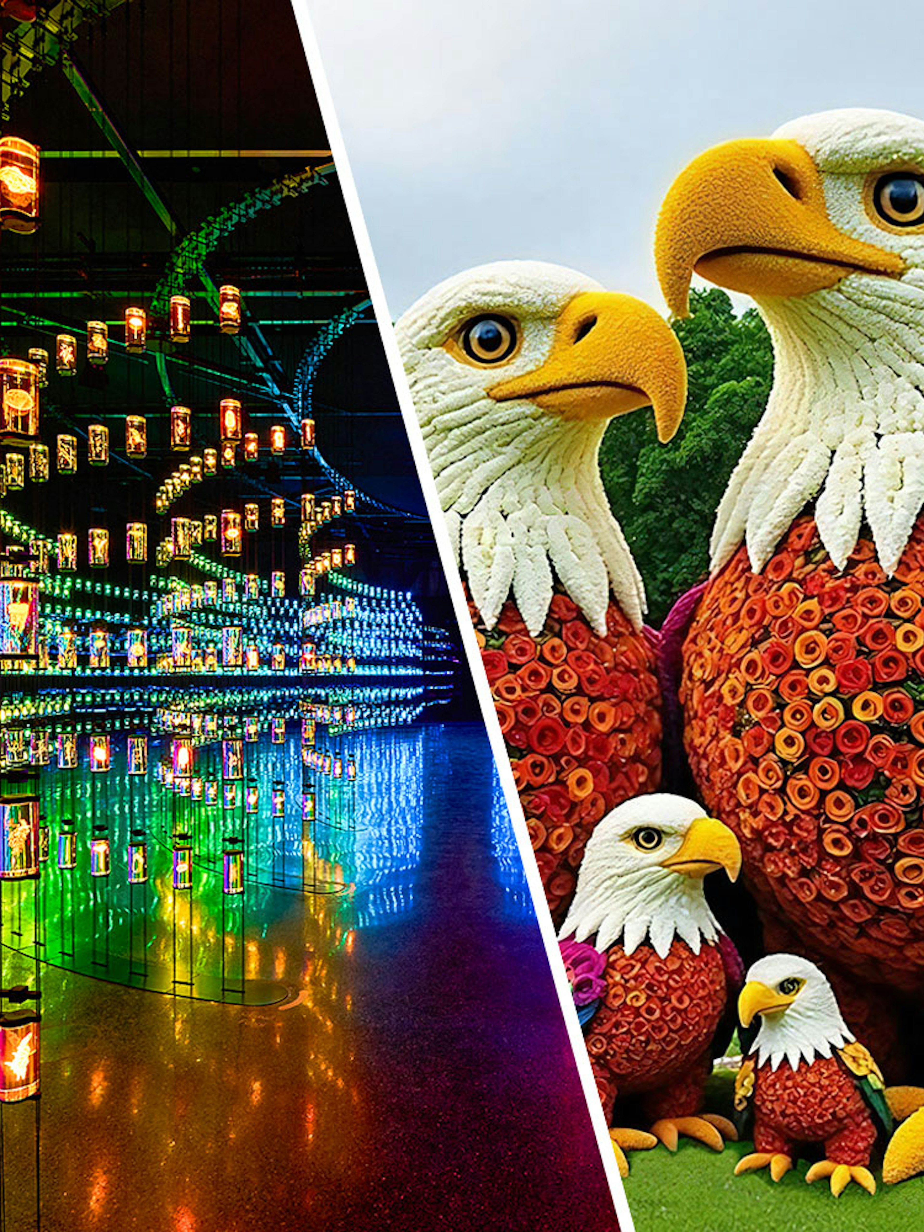 Floral eagle sculpture at Dubai Garden Glow with colorful lanterns in the background.