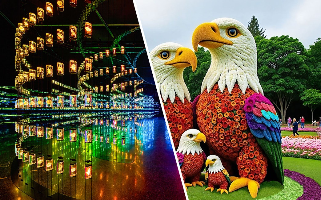 Floral eagle sculpture at Dubai Garden Glow with colorful lanterns in the background.