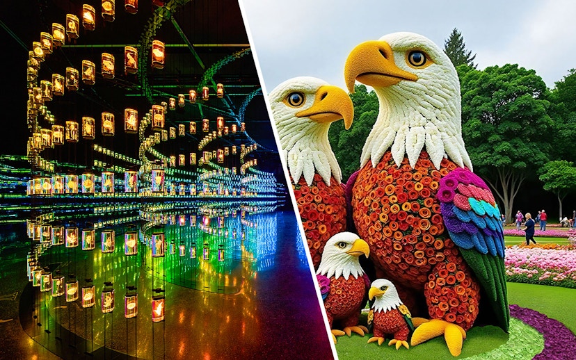 Floral eagle sculpture at Dubai Garden Glow with colorful lanterns in the background.