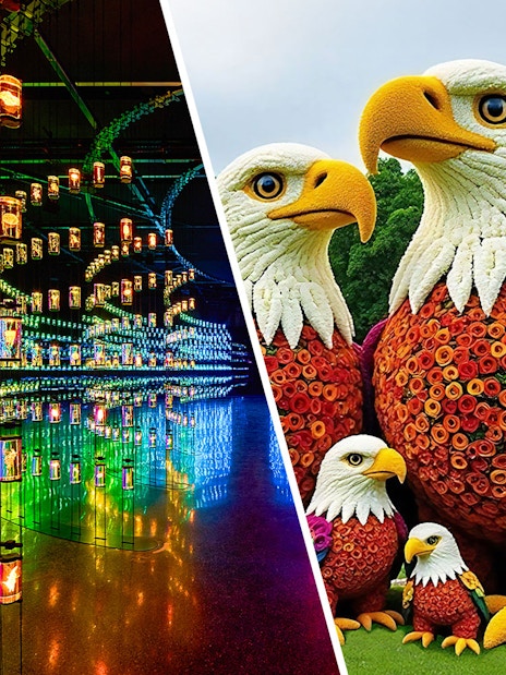 Floral eagle sculpture at Dubai Garden Glow with colorful lanterns in the background.