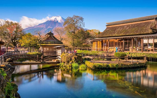 Traditional Japanese village with Mt Fuji in the background on a 1-day private tour.