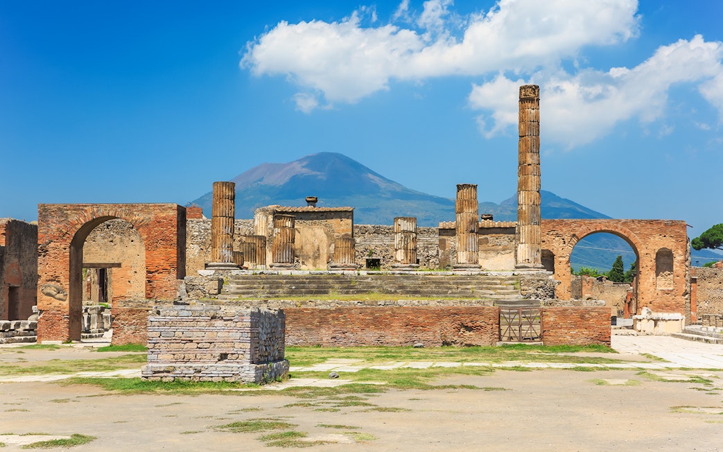 Ruins of Pompeii with Mount Vesuvius in the background, Italy.