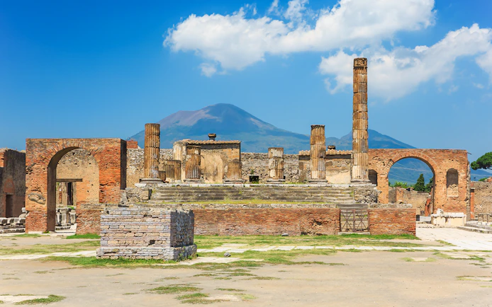 Ruins of Pompeii with Mount Vesuvius in the background, Italy.