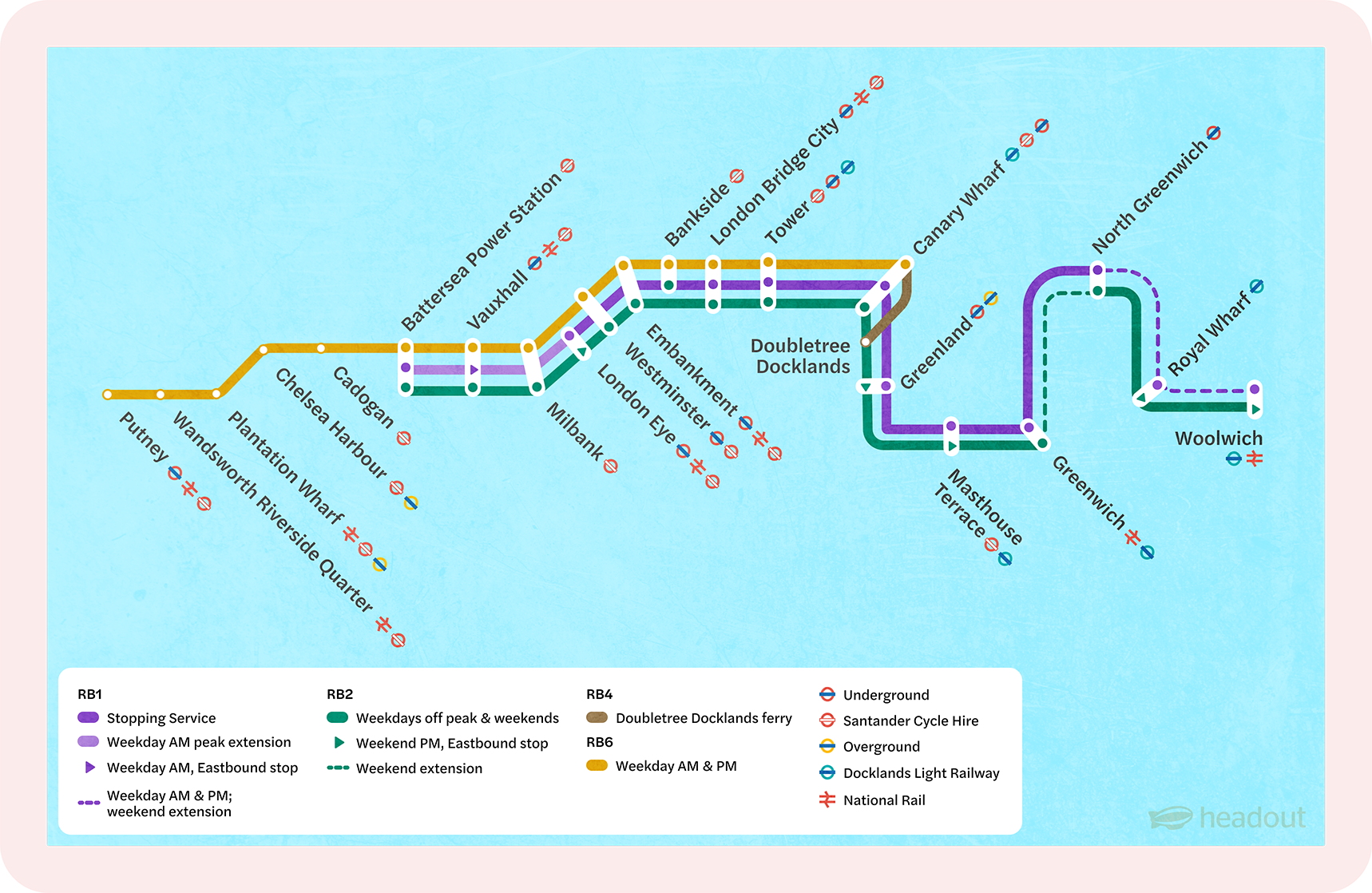 River Thames transport map with routes from Putney to Woolwich, highlighting key stops like London Eye and Canary Wharf.