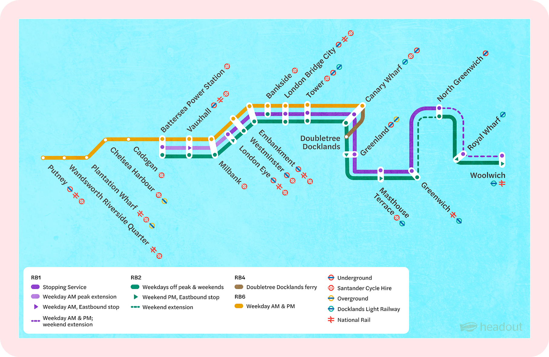River Thames transport map with routes from Putney to Woolwich, highlighting key stops like London Eye and Canary Wharf.
