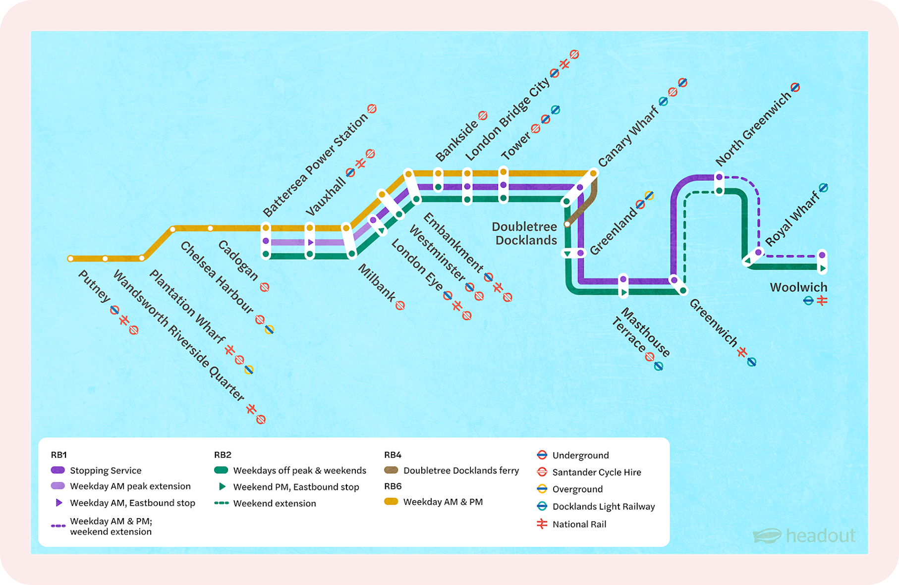 River Thames transport map with routes from Putney to Woolwich, highlighting key stops like London Eye and Canary Wharf.