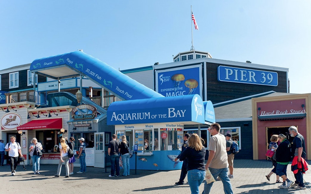 Aquarium of the Bay entrance at Pier 39, San Francisco, with visitors walking nearby.