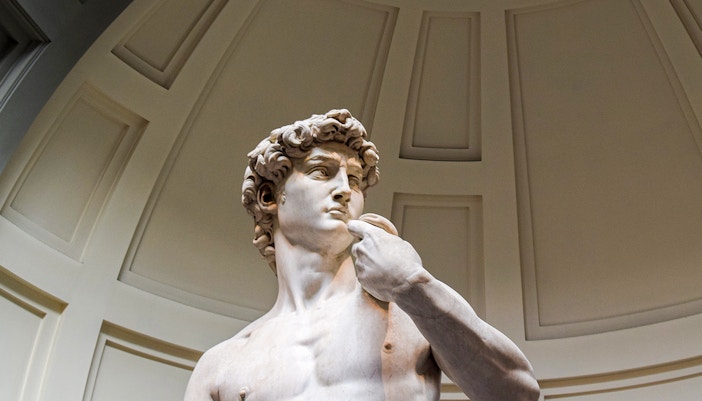 Florence city tour with visitors exploring Accademia Gallery, viewing Renaissance art.