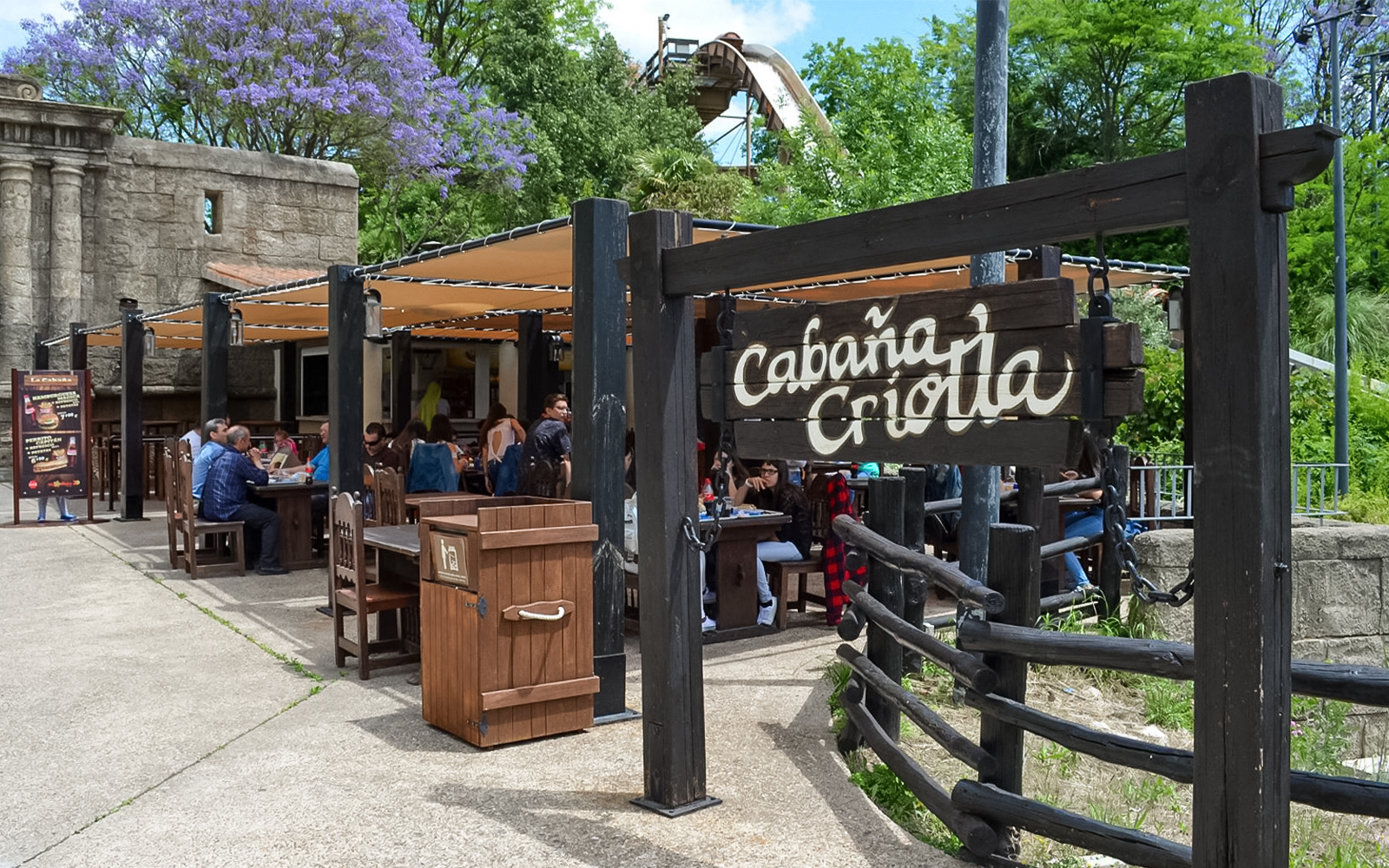 Puerta de América Cabaña Criolla restaurant entrance at Isla Mágica, Seville, Spain.