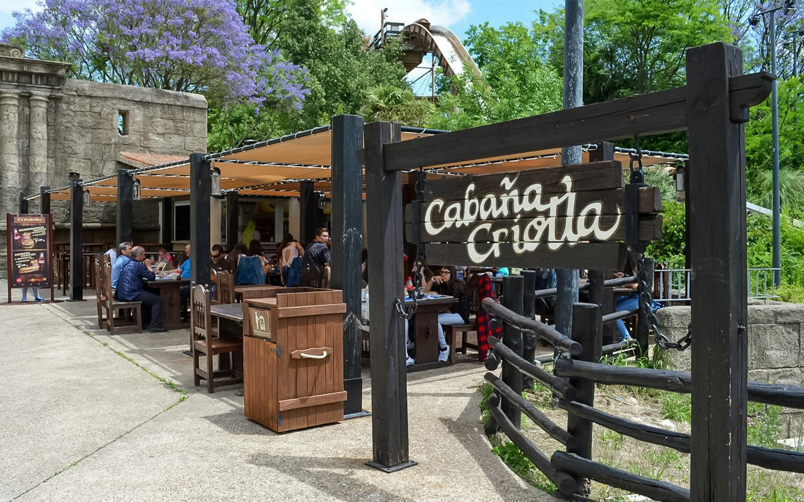 Puerta de América Cabaña Criolla restaurant entrance at Isla Mágica, Seville, Spain.