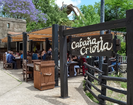 Puerta de América Cabaña Criolla restaurant entrance at Isla Mágica, Seville, Spain.