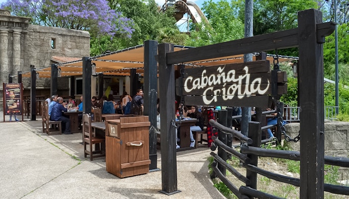 Puerta de América Cabaña Criolla restaurant entrance at Isla Mágica, Seville, Spain.