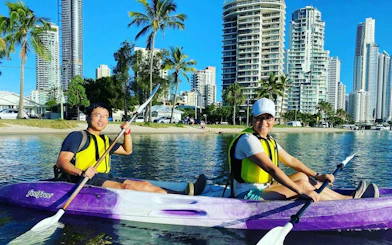 Kayakers paddling near Surfers Paradise skyscrapers on a sunset tour, Gold Coast.